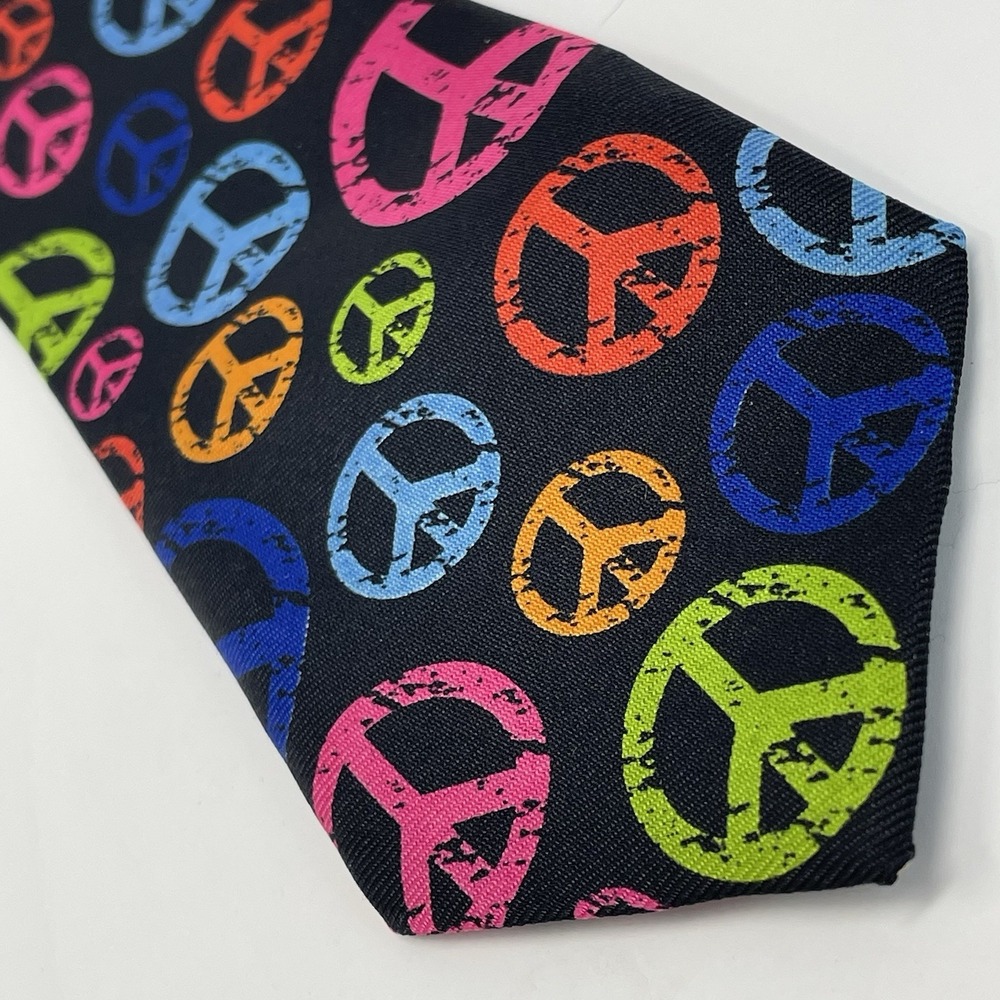 Mens Tie Black Peace Sign Rainbow Print Distressed Hippie Boho Novelty Polyester